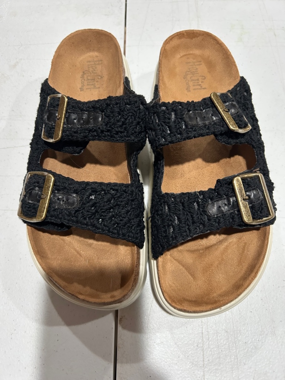 Corkys Black Crochet Double-Buckle Slide Sandals with Tan Footbed